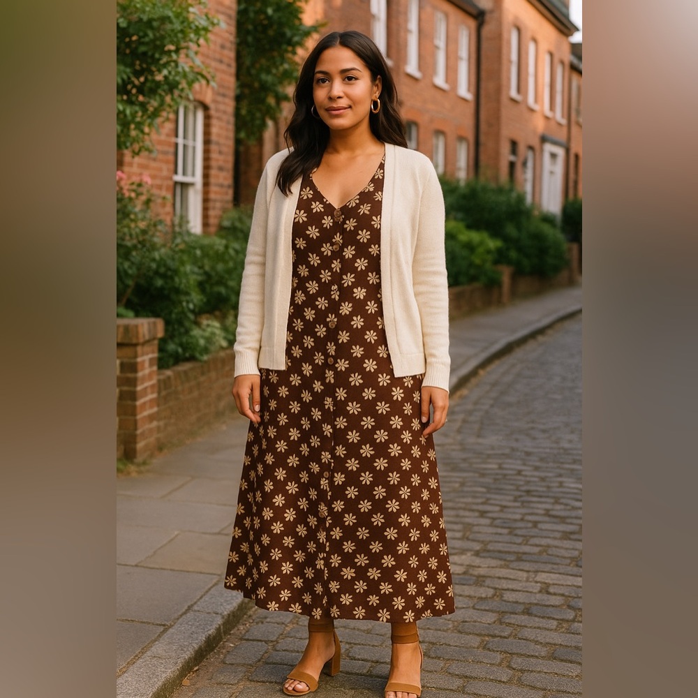 90s Laundry by Shelli Segal Daisy Print Button Front Maxi Dress Brown Floral 12